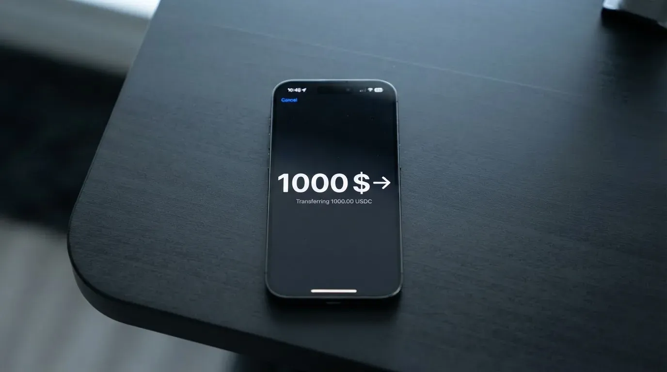 A phone showing a stablecoin transfer screen