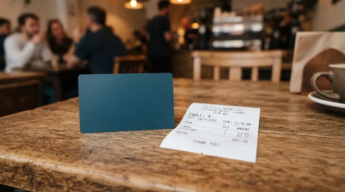 A receipt and a card on a café table