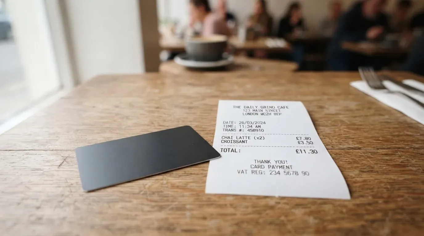 A receipt and a card on a café table