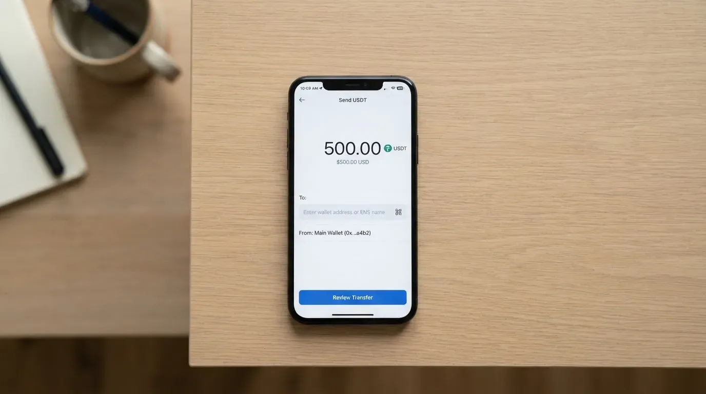 A phone showing a stablecoin transfer screen