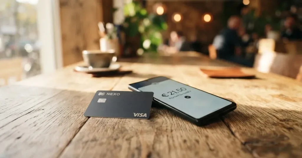 A payment card next to a phone with a crypto wallet app open