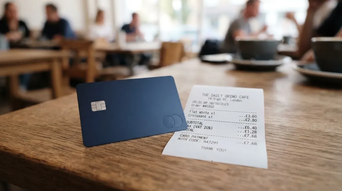 A receipt and a card on a café table
