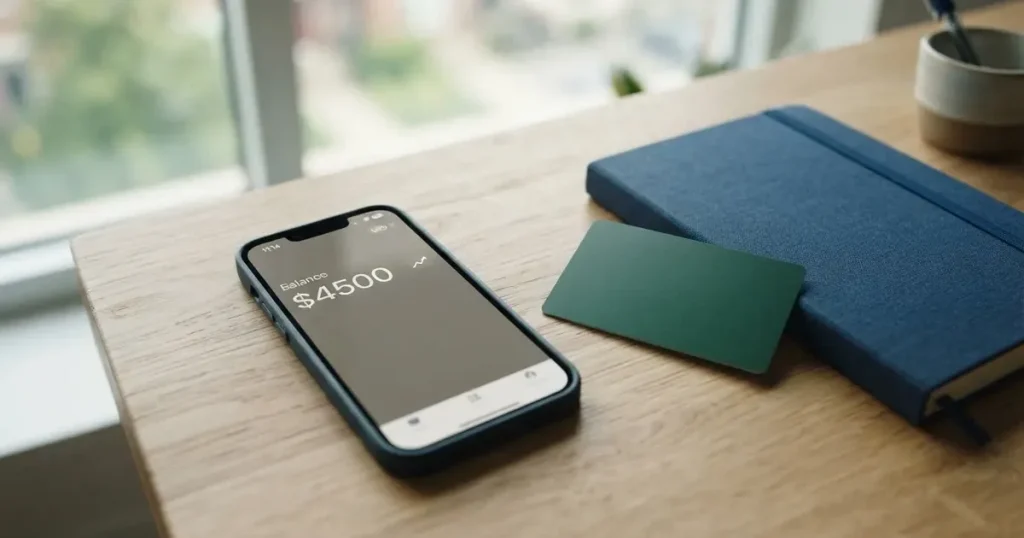 A payment card next to a phone with a crypto wallet app open