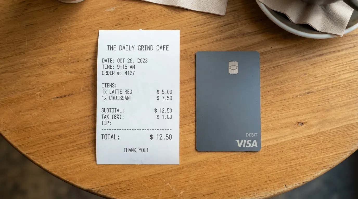 A receipt and a card on a café table