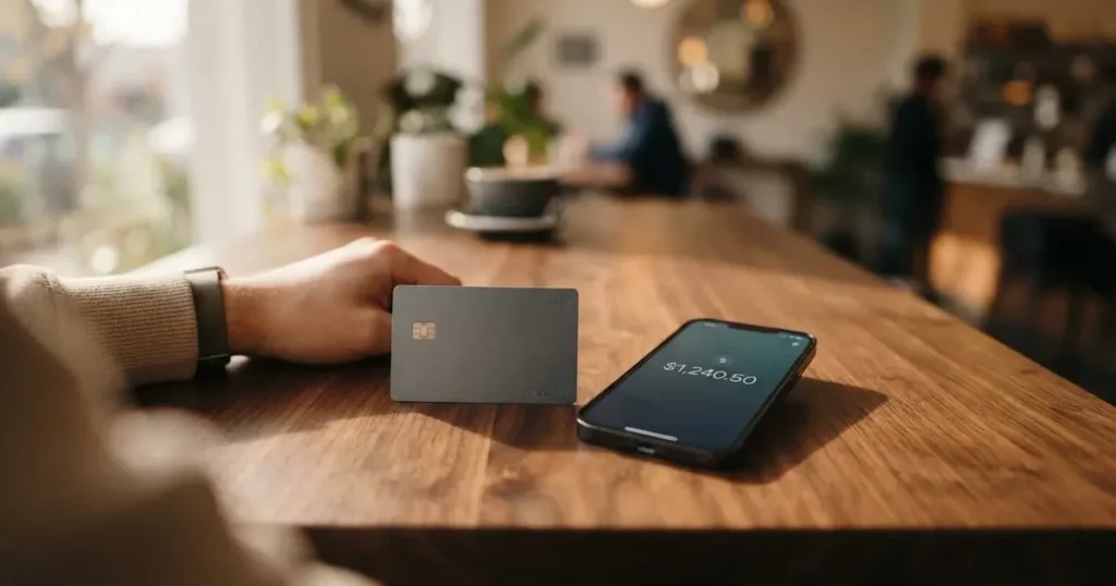 A payment card next to a phone with a crypto wallet app open