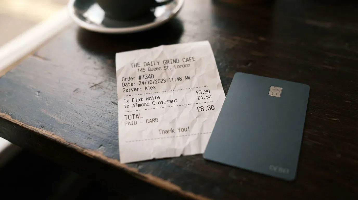 A receipt and a card on a café table