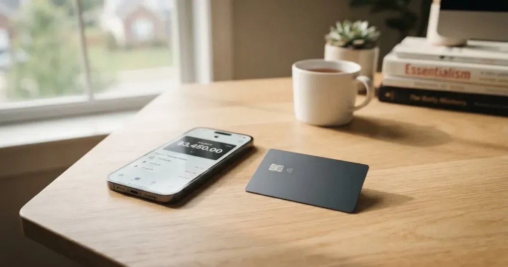 A payment card next to a phone with a crypto wallet app open