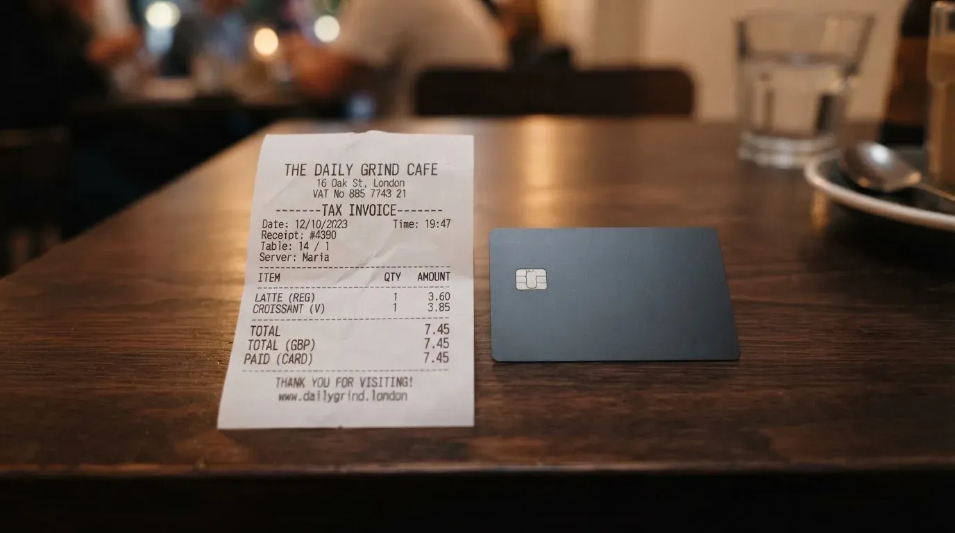 A receipt and a card on a café table