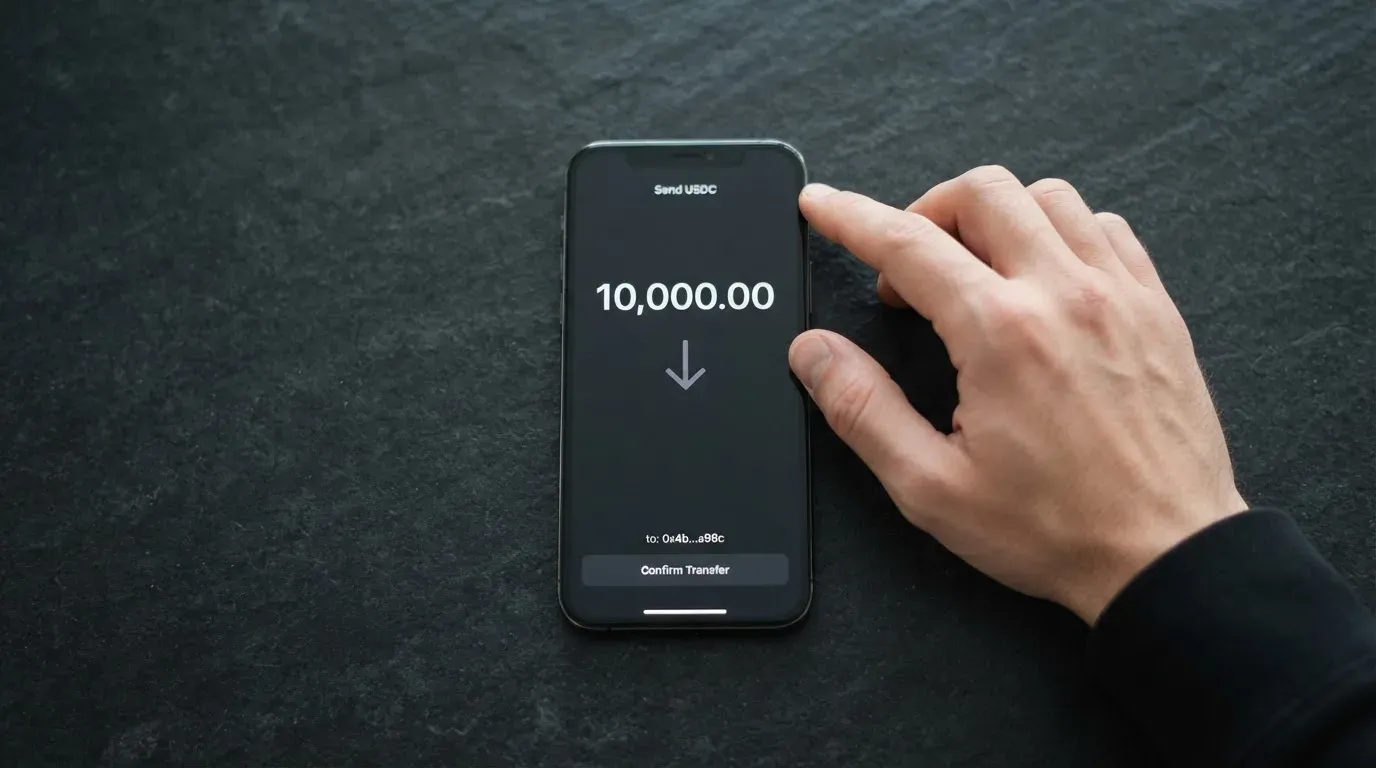 A phone showing a stablecoin transfer screen