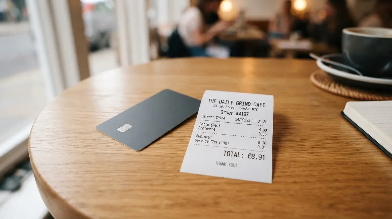 A receipt and a card on a café table