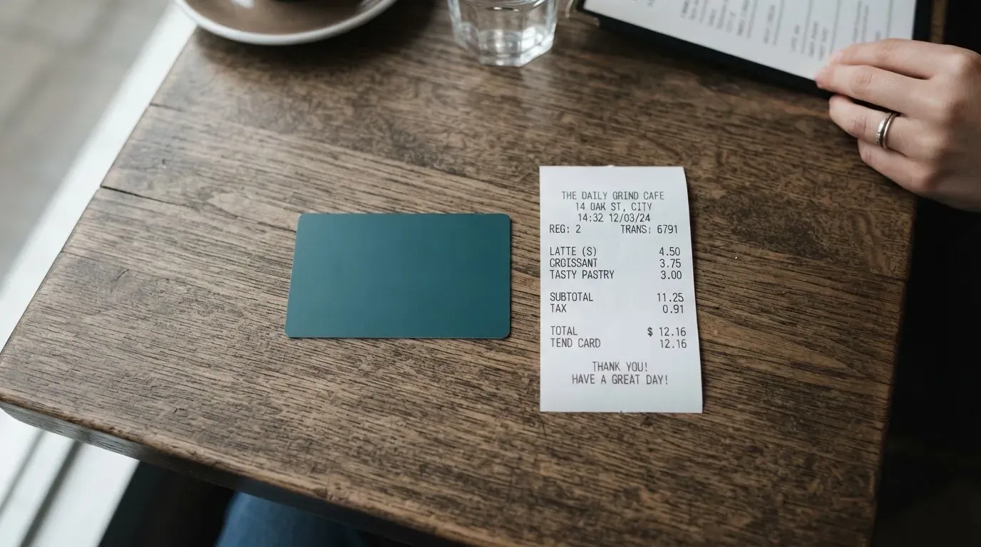 A receipt and a card on a café table