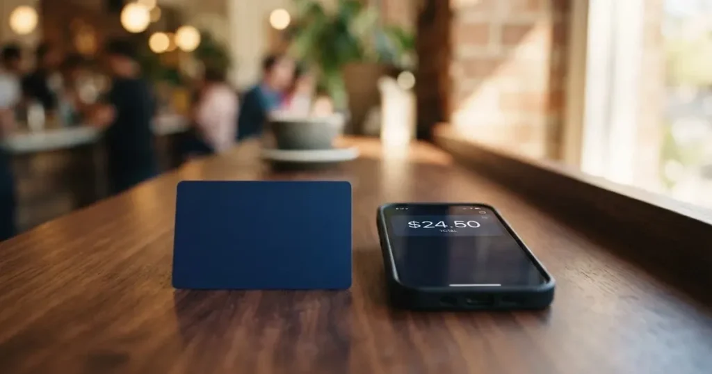 A payment card next to a phone with a crypto wallet app open