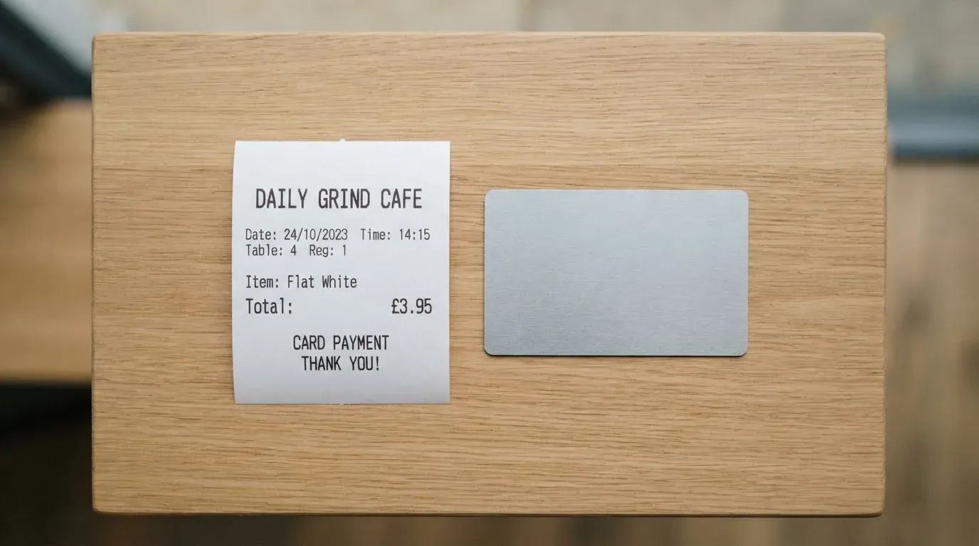 A receipt and a card on a café table