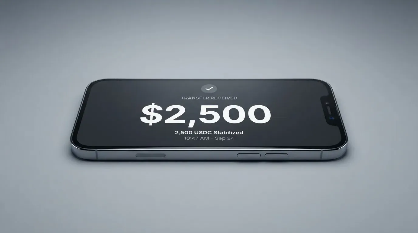 A phone showing a stablecoin transfer screen
