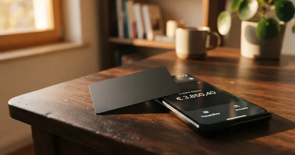 A payment card next to a phone with a crypto wallet app open