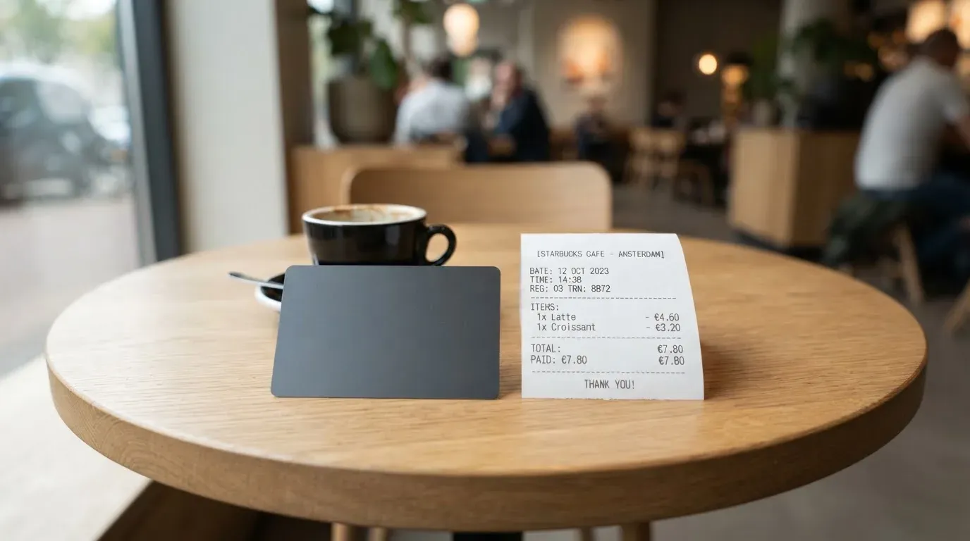 A receipt and a card on a café table