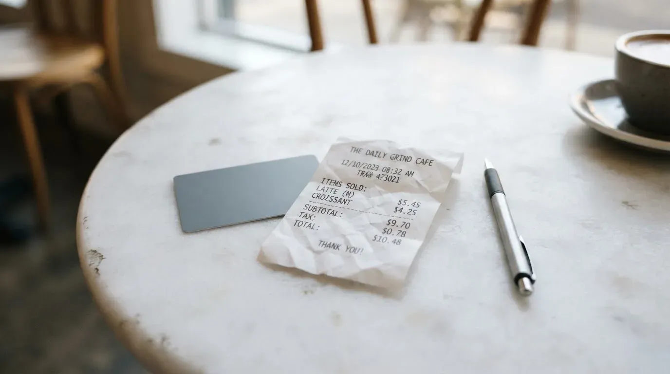 A receipt and a card on a café table