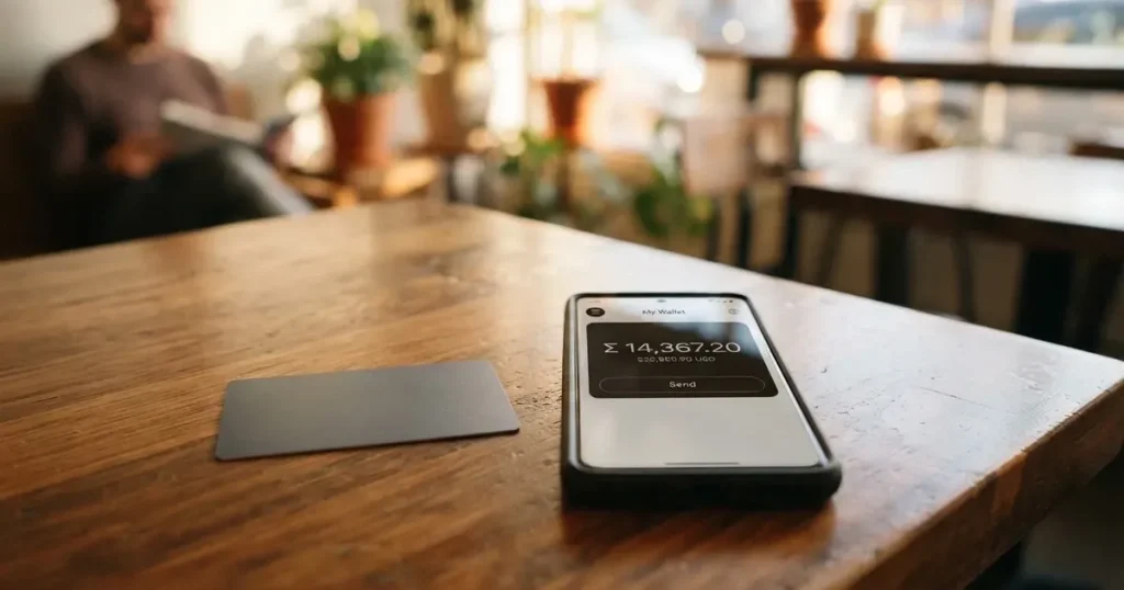 A payment card next to a phone with a crypto wallet app open