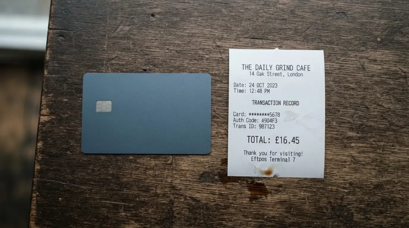A receipt and a card on a café table