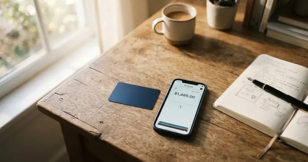 A payment card next to a phone with a crypto wallet app open