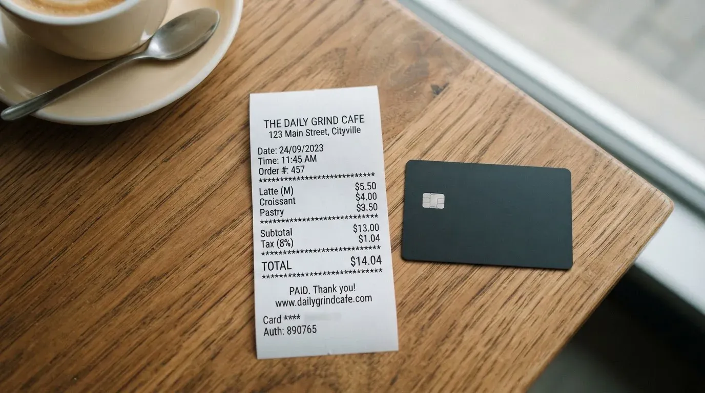 A receipt and a card on a café table