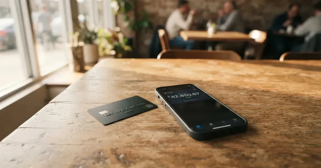 A payment card next to a phone with a crypto wallet app open