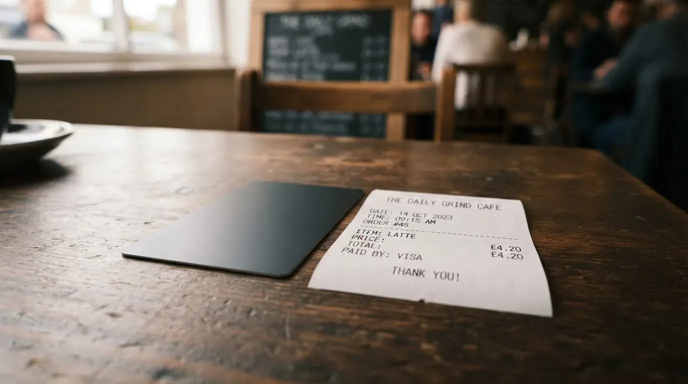 A receipt and a card on a café table