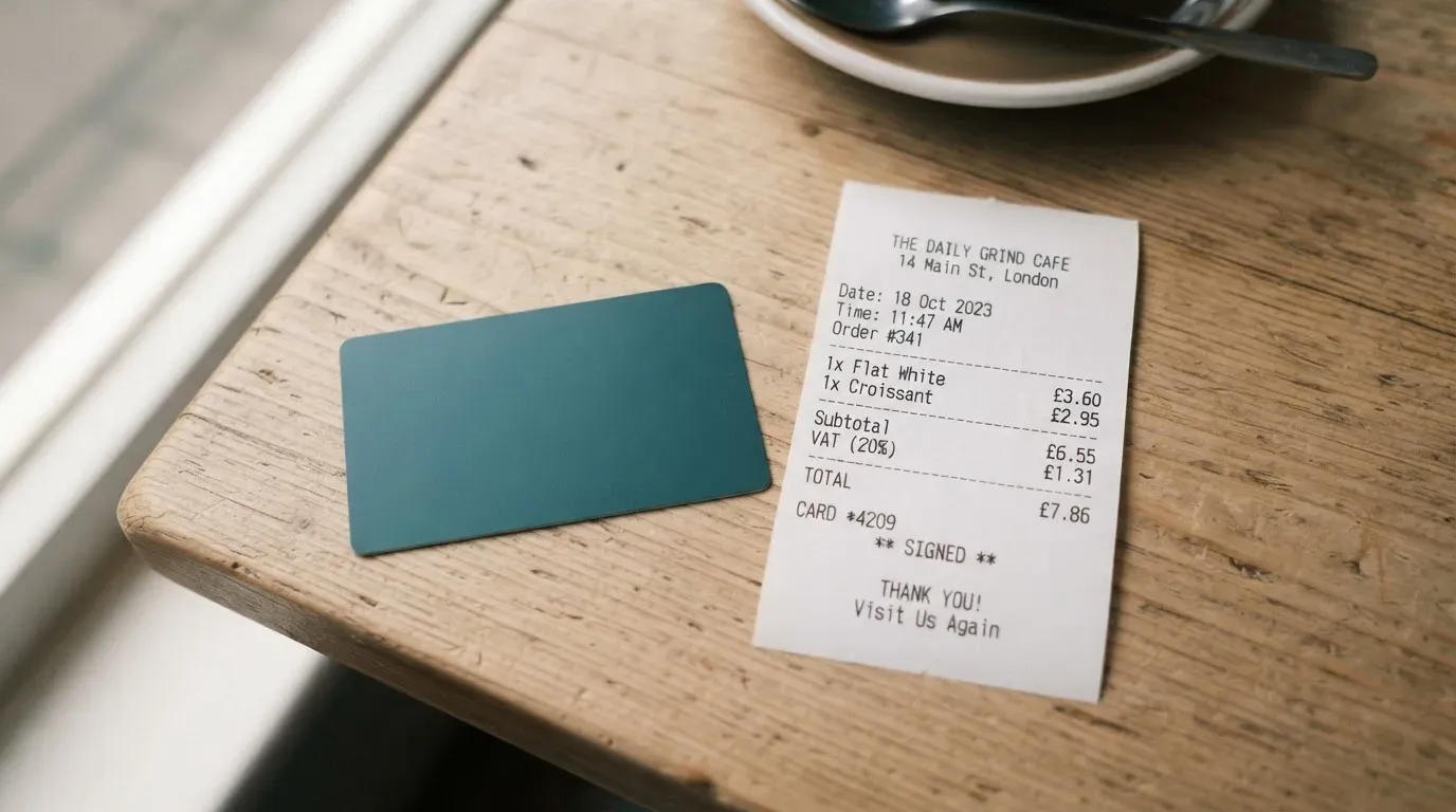 A receipt and a card on a café table
