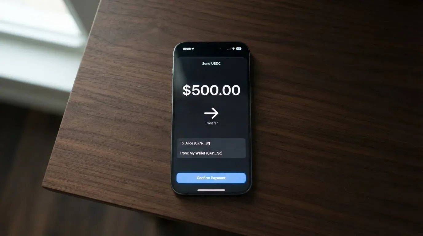 A phone showing a stablecoin transfer screen