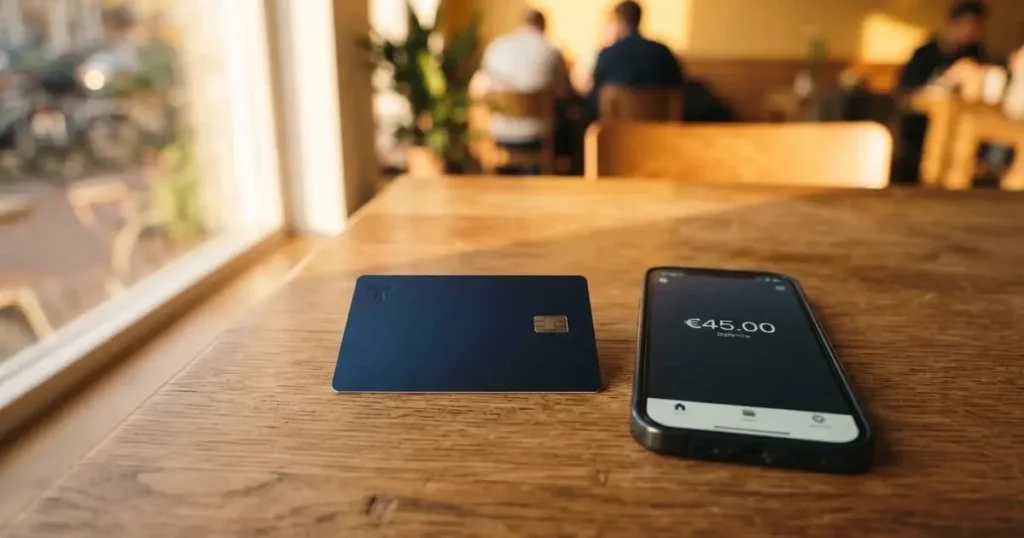 A payment card next to a phone with a crypto wallet app open
