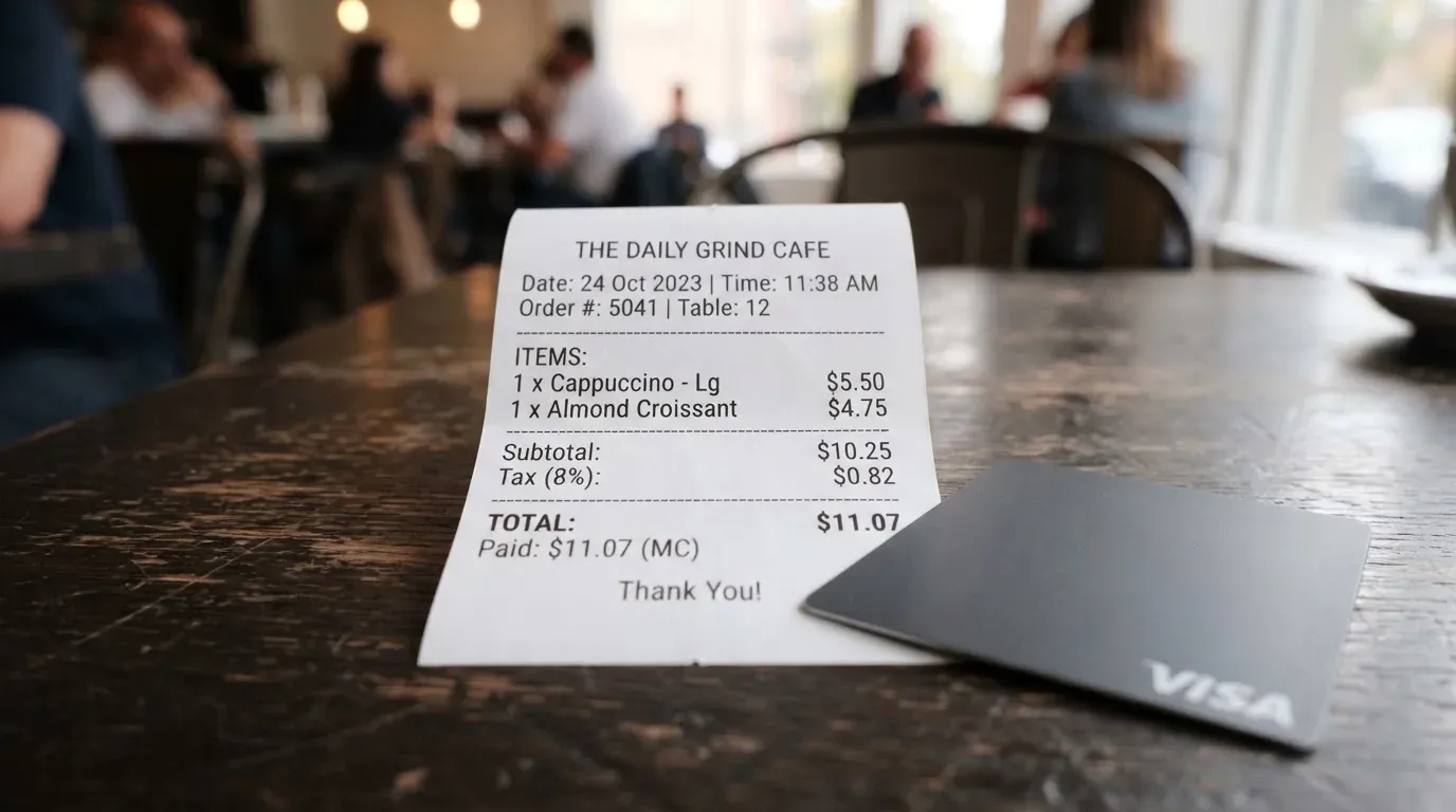 A receipt and a card on a café table