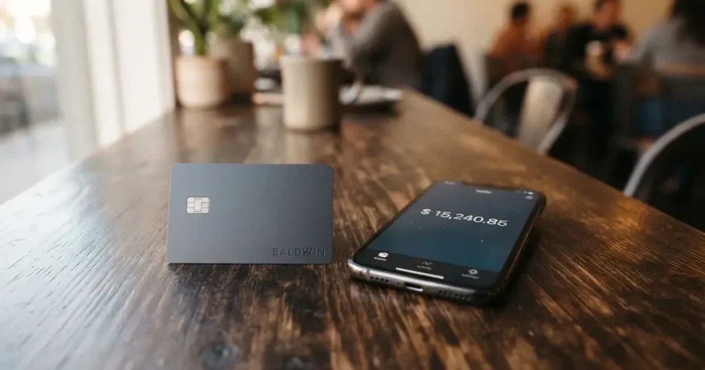A payment card next to a phone with a crypto wallet app open