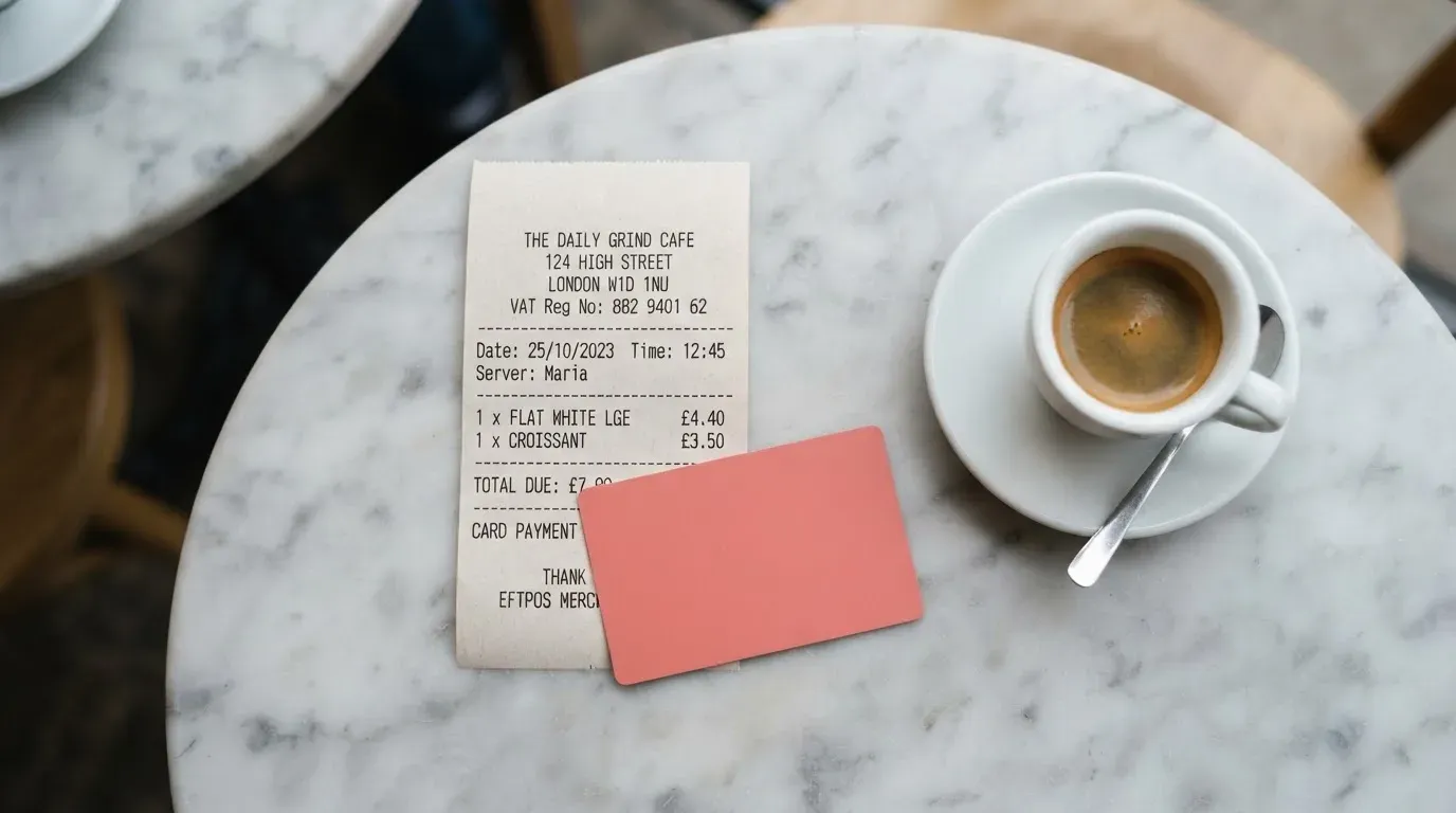 A receipt and a card on a café table