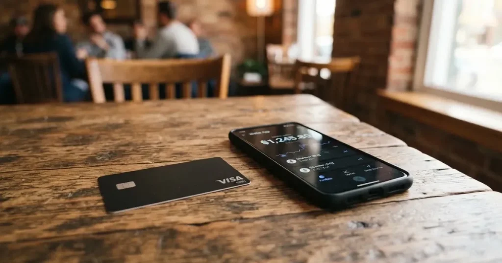 A payment card next to a phone with a crypto wallet app open