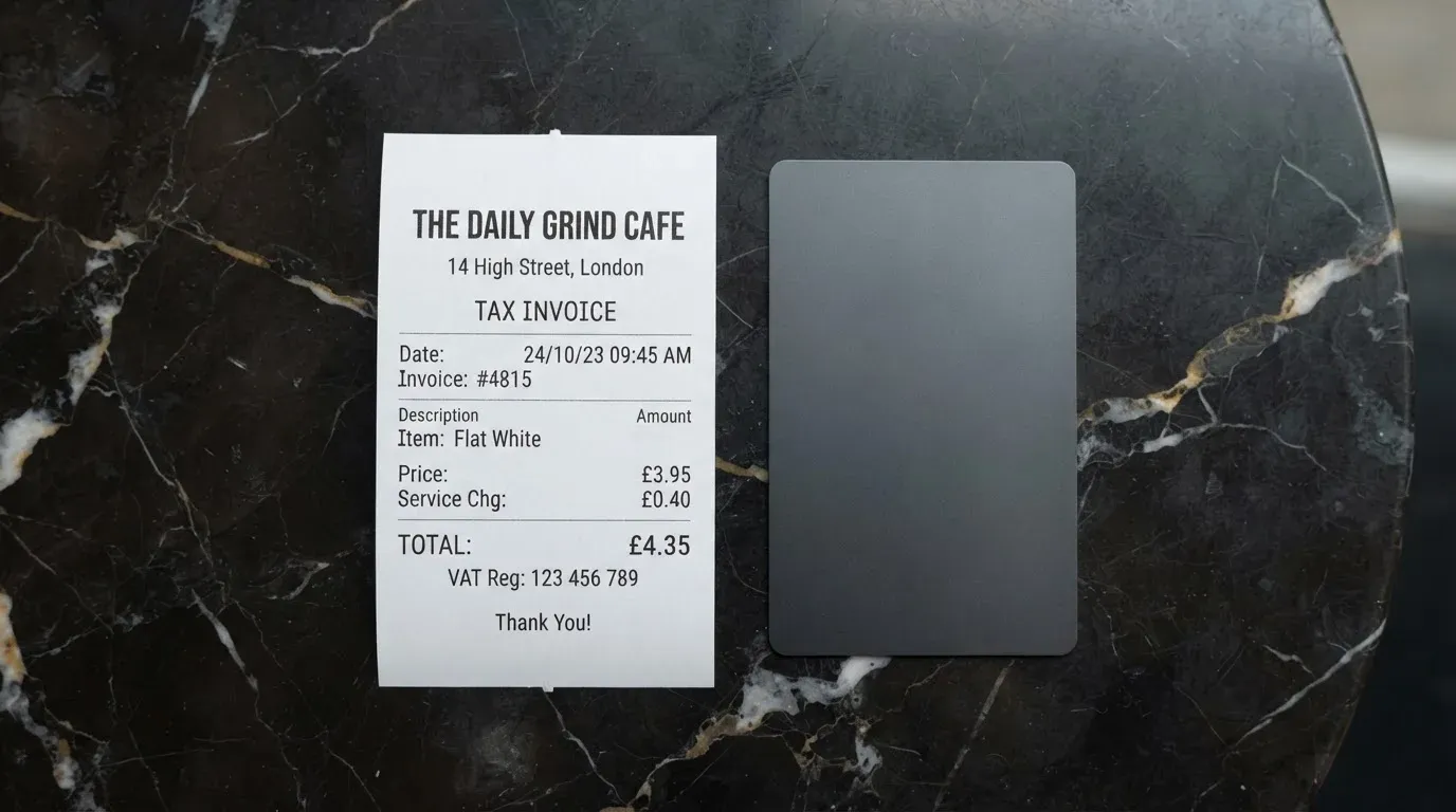 A receipt and a card on a café table
