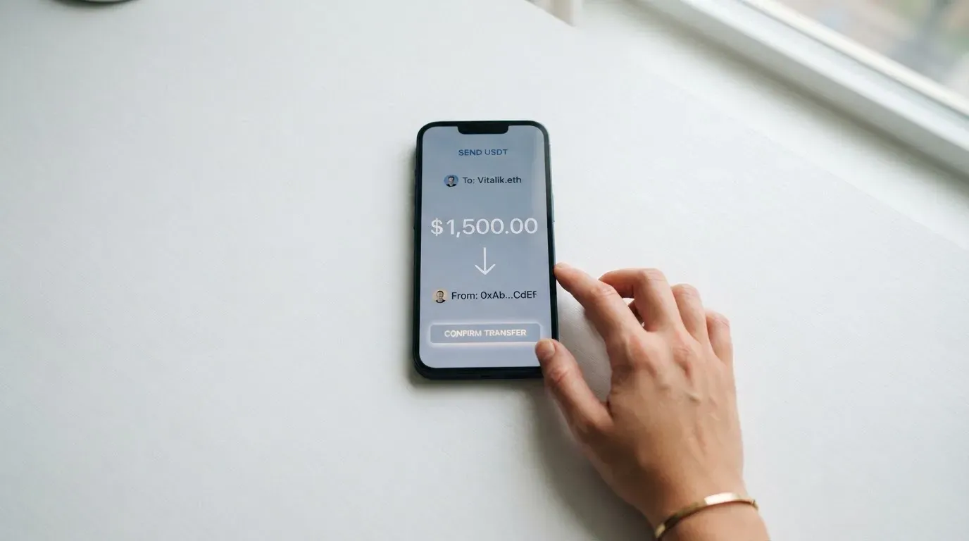 A phone showing a stablecoin transfer screen