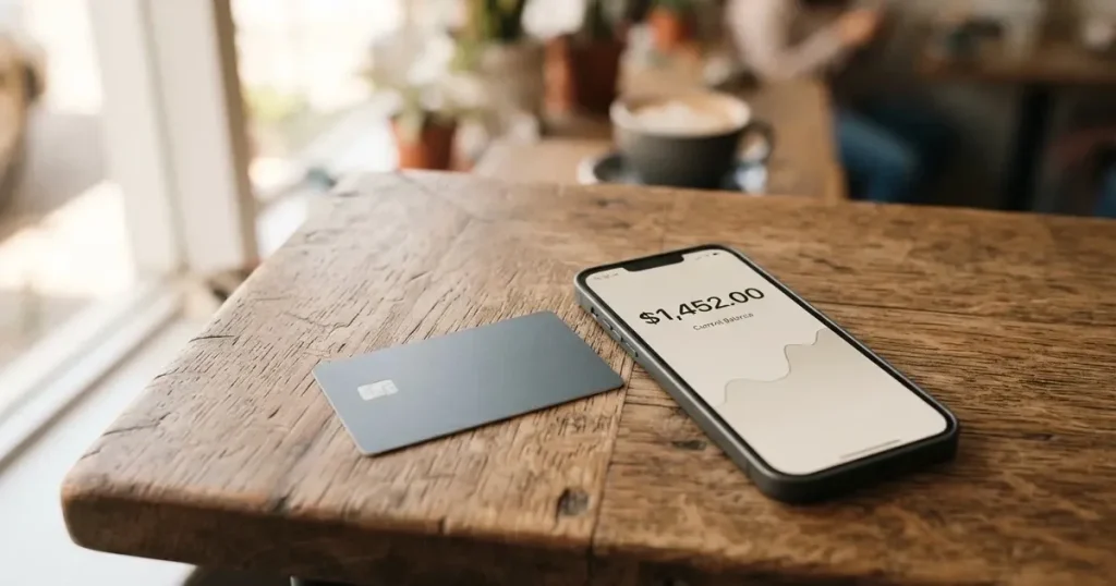 A payment card next to a phone with a crypto wallet app open