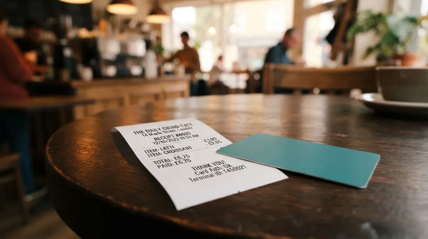 A receipt and a card on a café table