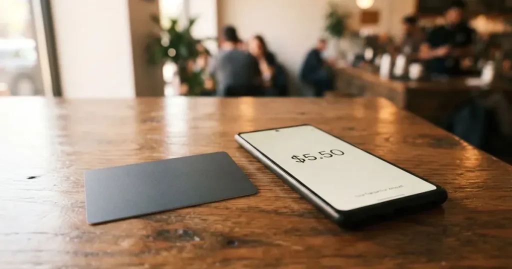 A payment card next to a phone with a crypto wallet app open