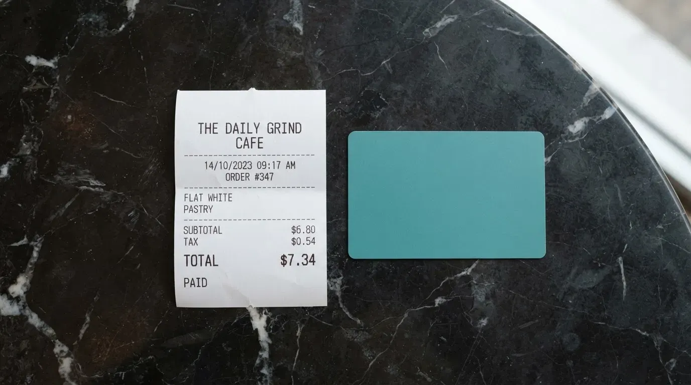 A receipt and a card on a café table