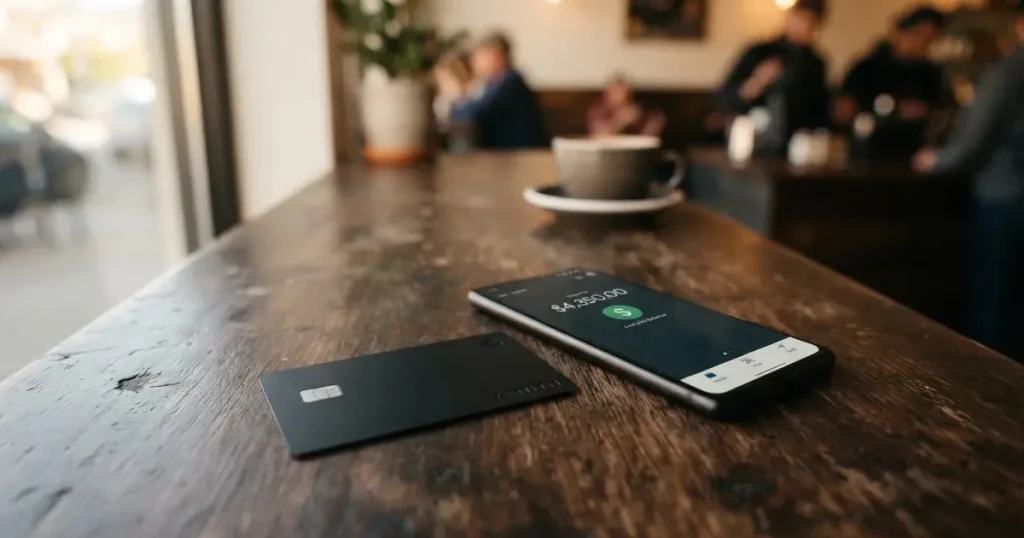 A payment card next to a phone with a crypto wallet app open