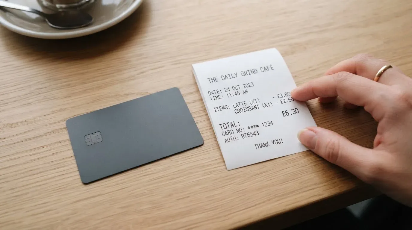 A receipt and a card on a café table