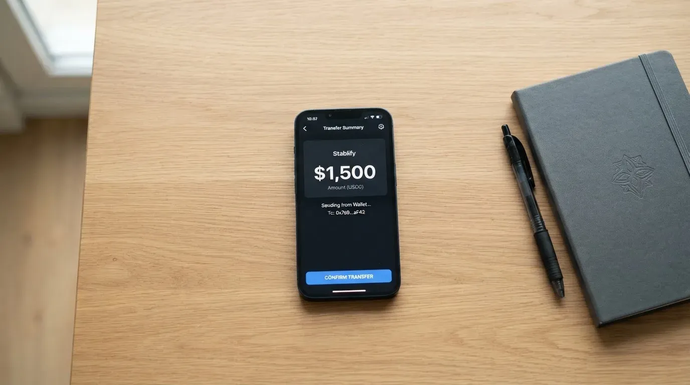 A phone showing a stablecoin transfer screen