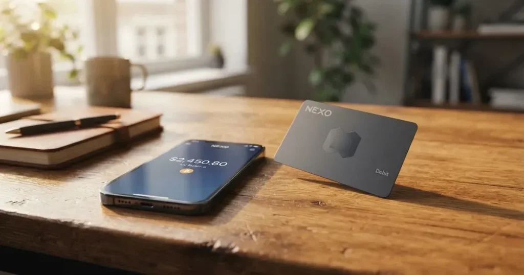 A payment card next to a phone with a crypto wallet app open