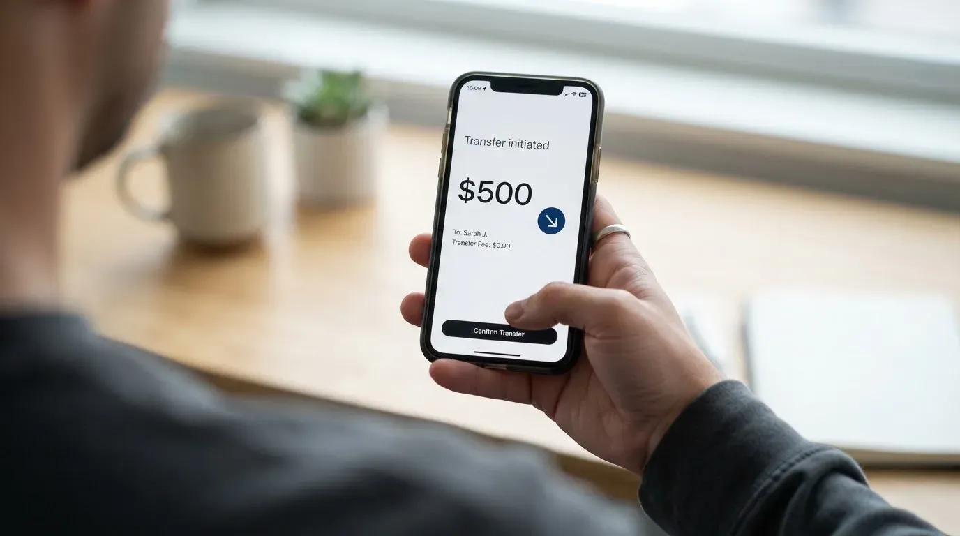 A phone showing a stablecoin transfer screen
