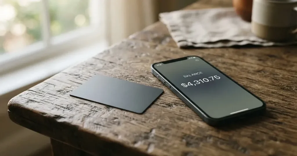A payment card next to a phone with a crypto wallet app open