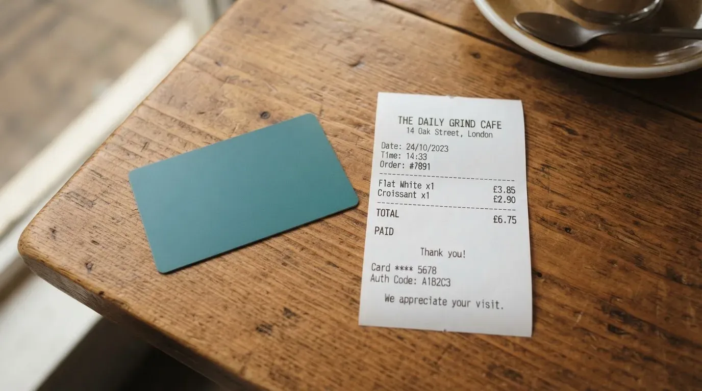 A receipt and a card on a café table