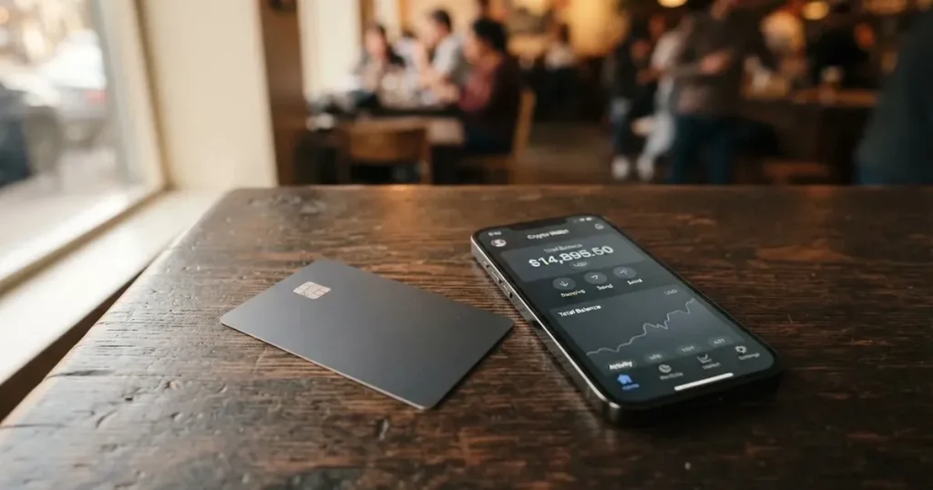 A payment card next to a phone with a crypto wallet app open