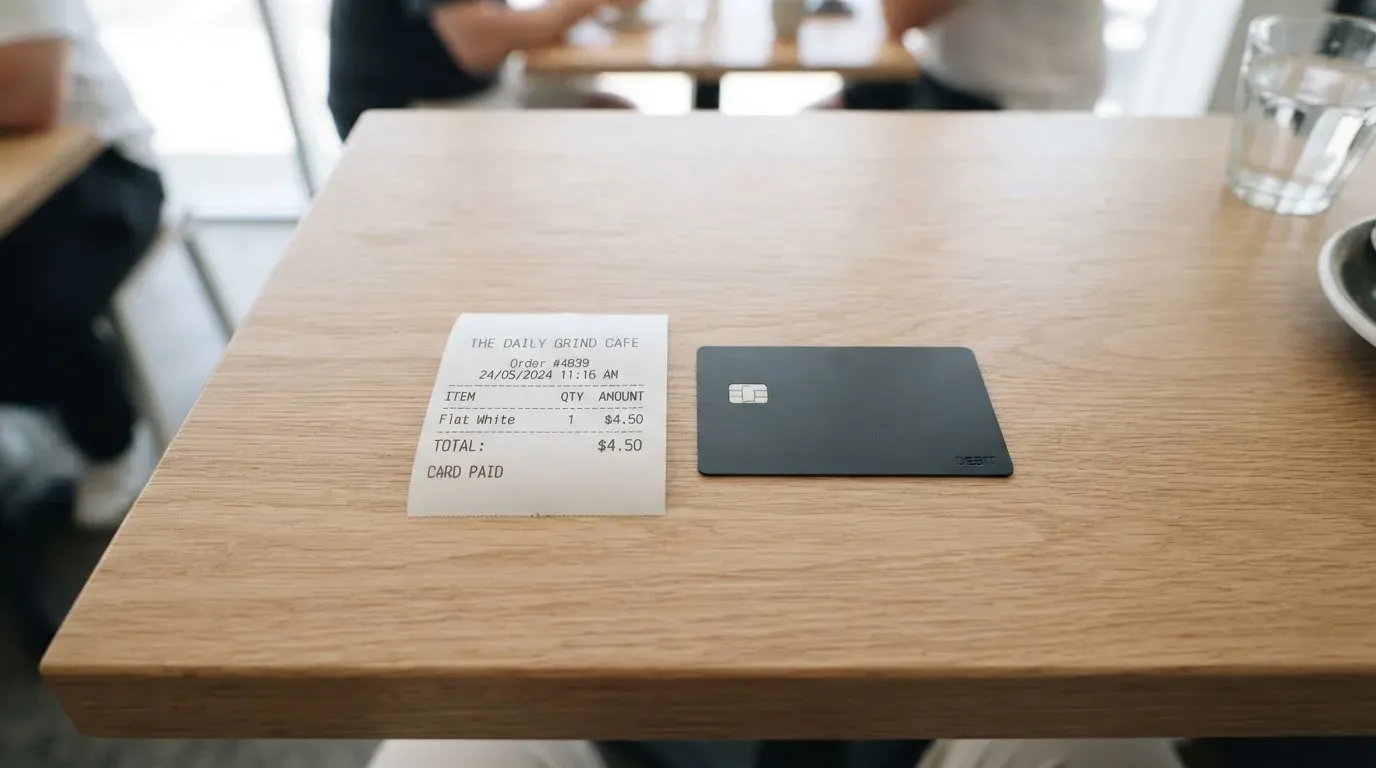 A receipt and a card on a café table
