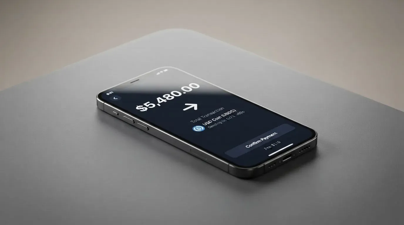 A phone showing a stablecoin transfer screen